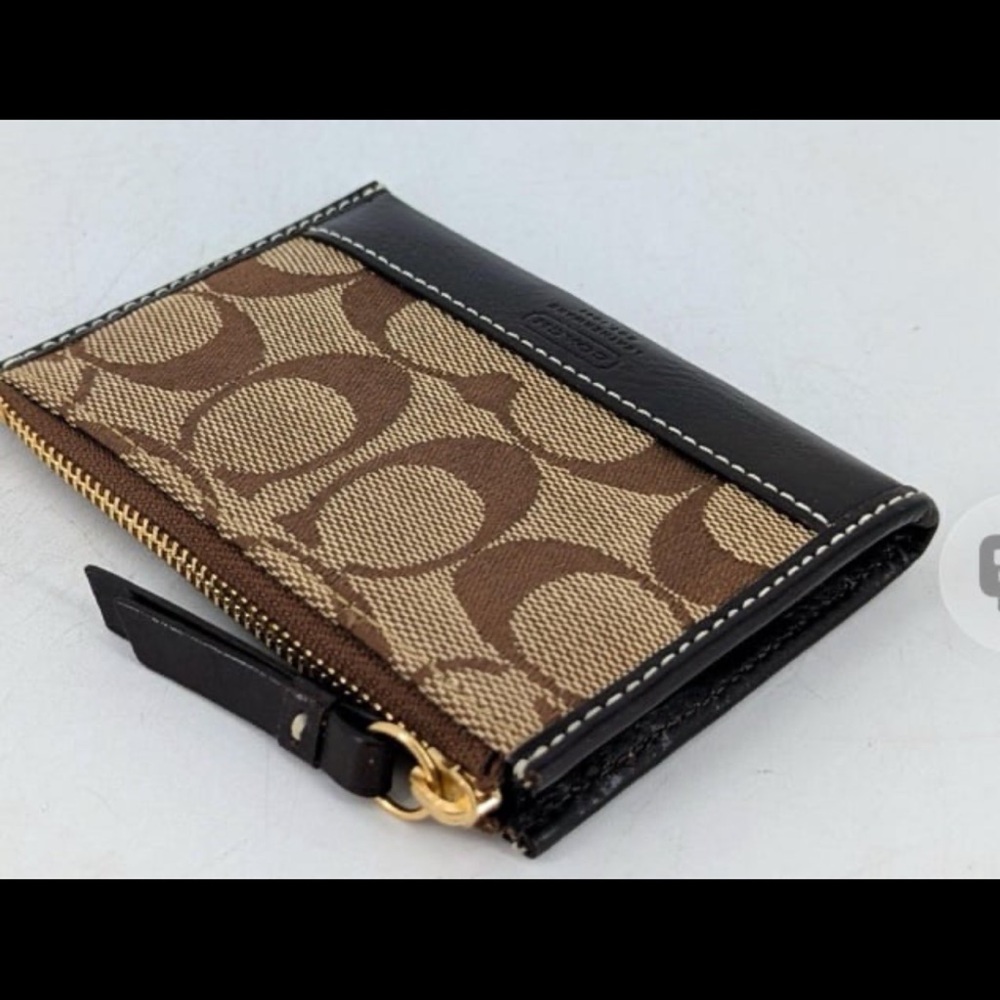 Zip Coach Dark brown leather trim w signature canvas and Gold Chain Wallet